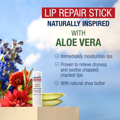 Aquaphor Naturally Inspired Lip Repair Stick with Aloe Vera and Natural Shea Butter, Hydrating Lip Balm Immediately Relieves Dryness Stick, 0.17 Oz (Pack of 2)