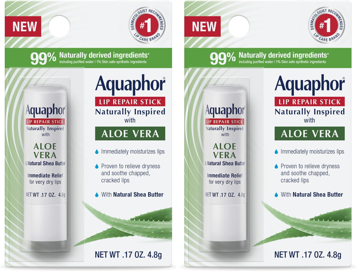 Aquaphor Naturally Inspired Lip Repair Stick with Aloe Vera and Natural Shea Butter, Hydrating Lip Balm Immediately Relieves Dryness Stick, 0.17 Oz (Pack of 2)