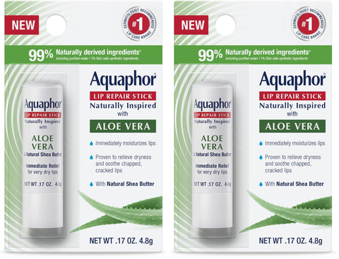 Aquaphor Naturally Inspired Lip Repair Stick with Aloe Vera and Natural Shea Butter, Hydrating Lip Balm Immediately Relieves Dryness Stick, 0.17 Oz (Pack of 2)