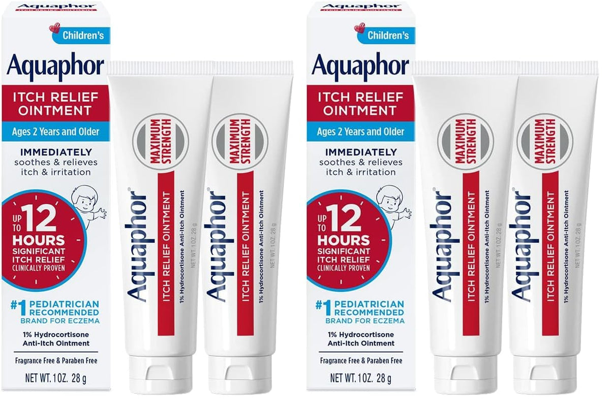 Aquaphor Children's Itch Relief Ointment,1% Hydrocortisone Anti Itch Ointment for Skin Irritation,Insect Bites,Psoriasis,Skin Rashes Eczema & Poison Ivy,Fragrance Free,1 Oz Tube,(Pack of 4)