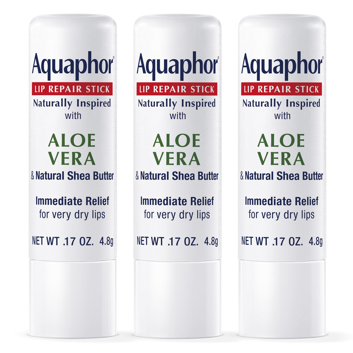 Aquaphor Naturally Inspired Lip Repair Stick with Aloe Vera and Natural Shea Butter, Hydrating Lip Balm Immediately Relieves Dryness and Soothes Chapped Lips, 0.17 Oz Stick, Pack of 3