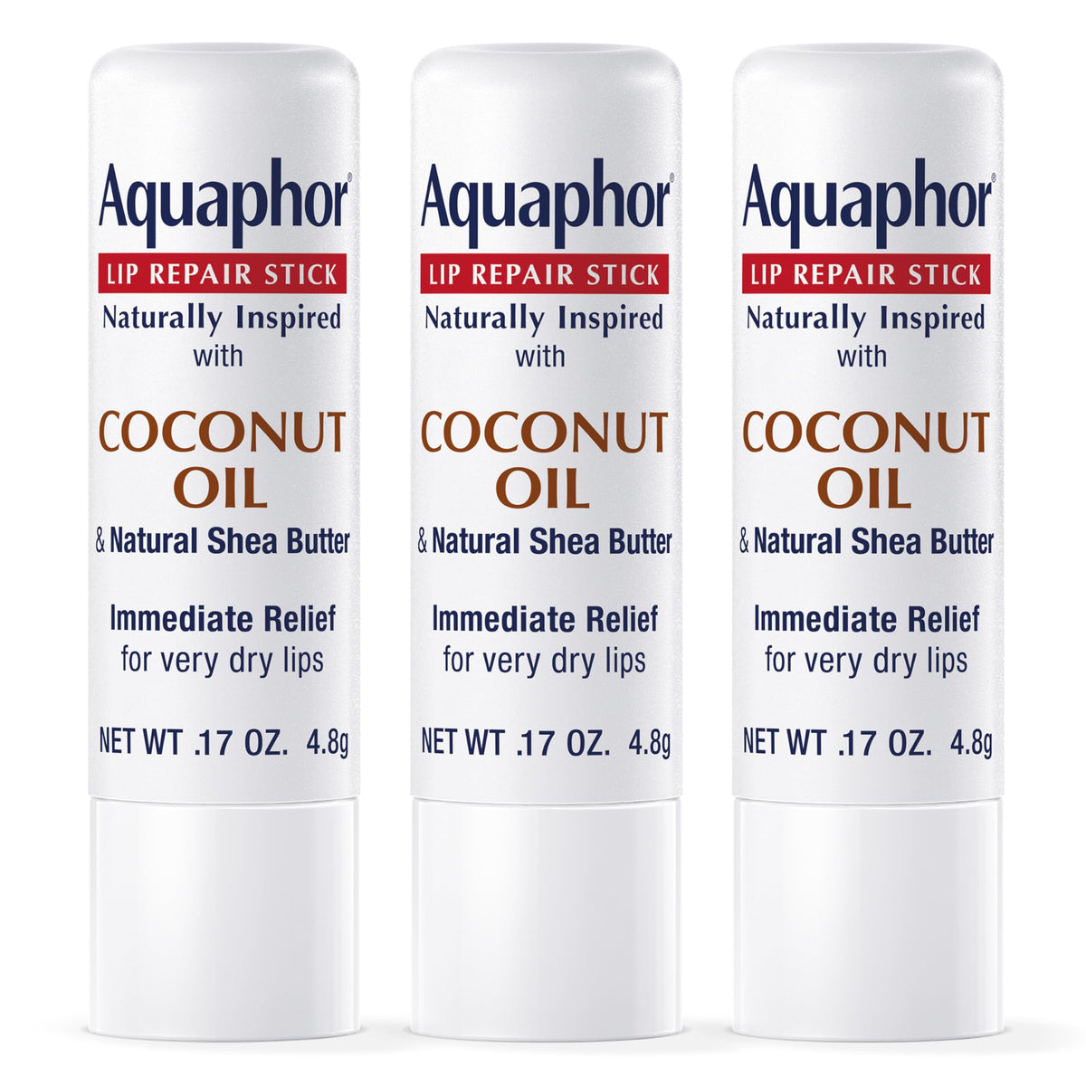 Aquaphor Naturally Inspired Lip Repair Stick with Coconut Oil and Natural Shea Butter, Hydrating Lip Balm Immediately Relieves Dryness and Soothes Chapped Lips, 0.17 Oz Stick, Pack of 3