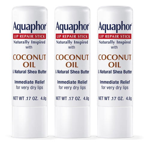 Aquaphor Naturally Inspired Lip Repair Stick with Coconut Oil and Natural Shea Butter, Hydrating Lip Balm Immediately Relieves Dryness and Soothes Chapped Lips, 0.17 Oz Stick, Pack of 3