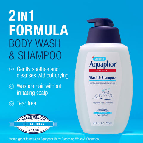 Aquaphor Children's Body Wash and Shampoo, Fragrance Free, Tear Free Shampoo and Body Wash for Kids, From Pediatrician-Recommended Brand, 25.4 Fl Oz Pump Bottle