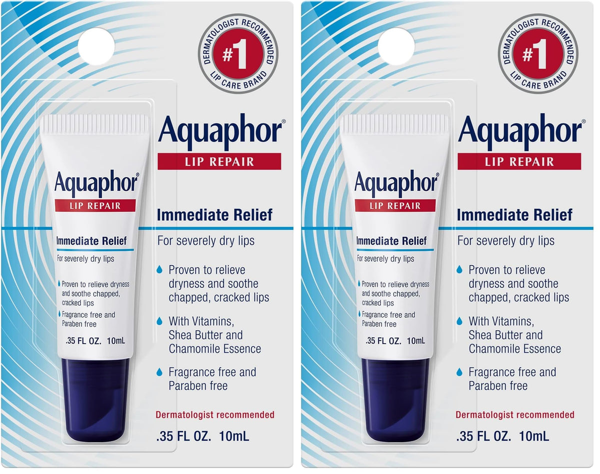 Aquaphor Lip Repair Ointment - Long-lasting Moisture to Soothe Dry Chapped Lips - .35 fl. oz. Tube,(Pack of 2)