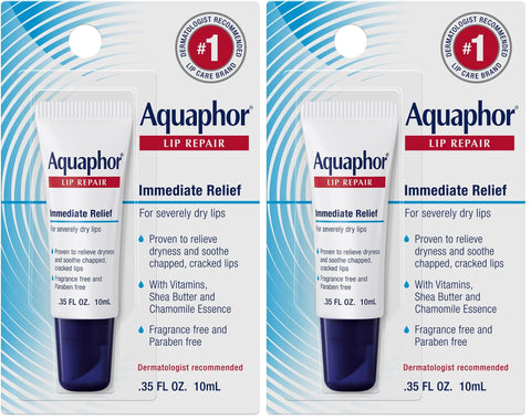 Aquaphor Lip Repair Ointment - Long-lasting Moisture to Soothe Dry Chapped Lips - .35 fl. oz. Tube,(Pack of 2)