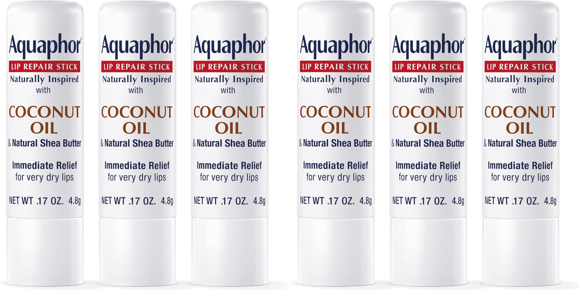 Aquaphor Naturally Inspired Lip Repair Stick with Coconut Oil and Natural Shea Butter, Hydrating Lip Balm Immediately Relieves Dryness and Soothes Chapped Lips, 0.17 Oz Stick, (Pack of 6)