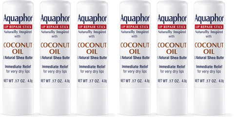 Aquaphor Naturally Inspired Lip Repair Stick with Coconut Oil and Natural Shea Butter, Hydrating Lip Balm Immediately Relieves Dryness and Soothes Chapped Lips, 0.17 Oz Stick, (Pack of 6)