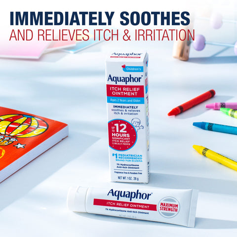 Aquaphor Children's Itch Relief Ointment,1% Hydrocortisone Anti Itch Ointment for Skin Irritation,Insect Bites,Psoriasis,Skin Rashes Eczema & Poison Ivy,Fragrance Free,1 Oz Tube,(Pack of 4)