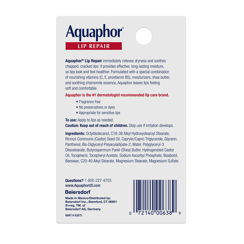 Aquaphor Lip Repair Ointment - Long-lasting Moisture to Soothe Dry Chapped Lips - .35 fl. oz. Tube,(Pack of 2)
