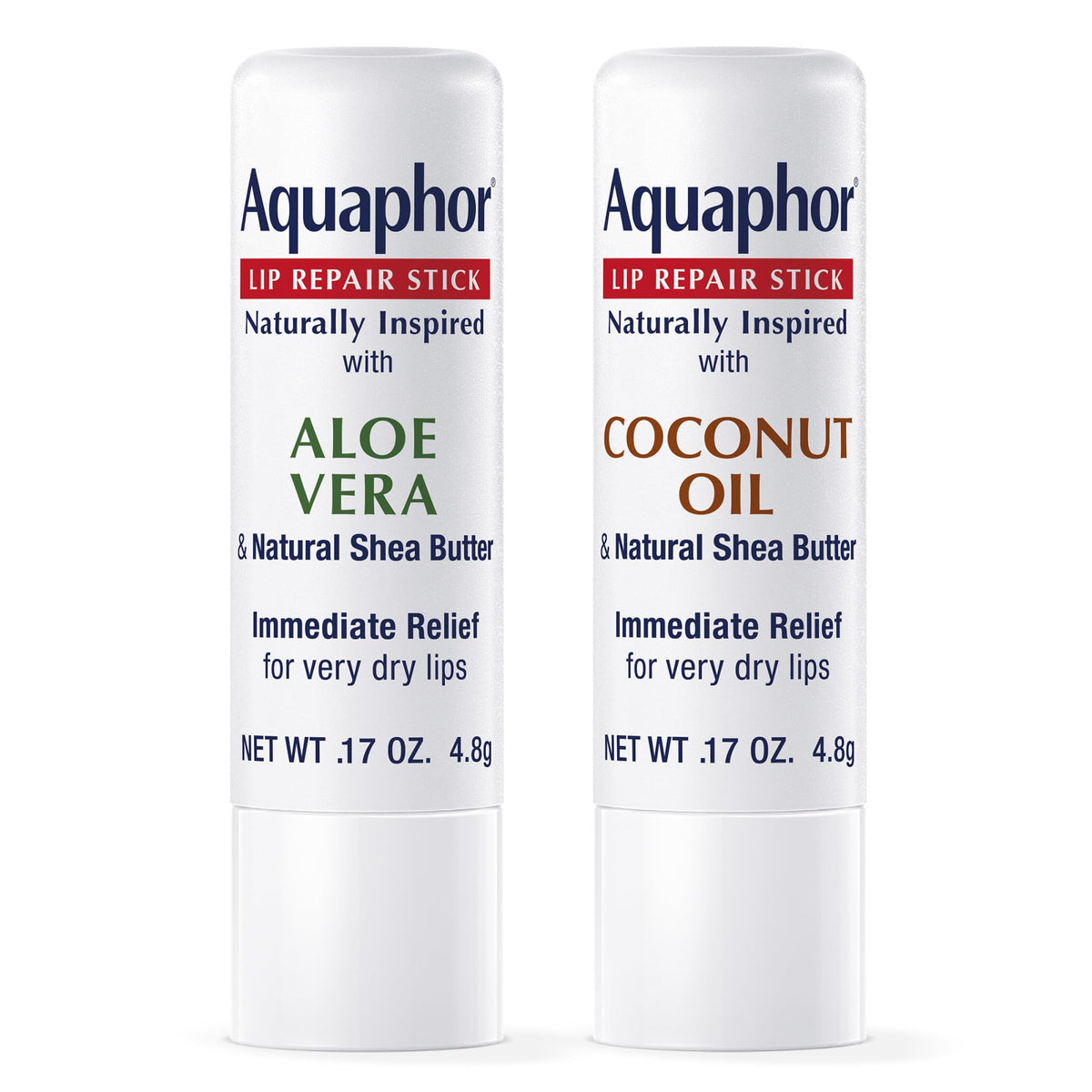 Aquaphor Lip Balm Set - Naturally Inspired Lip Repair With Shea Butter, Coconut Oil (0.17 Oz) + Aloe Vera (0.17 Oz)